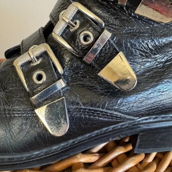 Marc Fisher Dante Black Leather Silver Multi Buckle Almond Toe Ankle Boots