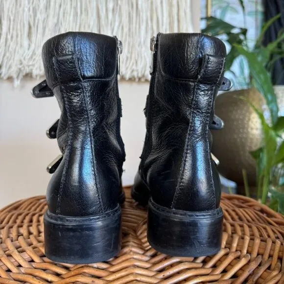 Marc Fisher Dante Black Leather Silver Multi Buckle Almond Toe Ankle Boots