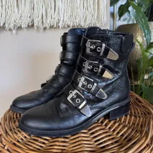 Marc Fisher Dante Black Leather Silver Multi Buckle Almond Toe Ankle Boots