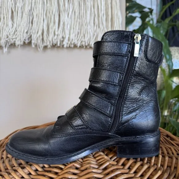 Marc Fisher Dante Black Leather Silver Multi Buckle Almond Toe Ankle Boots