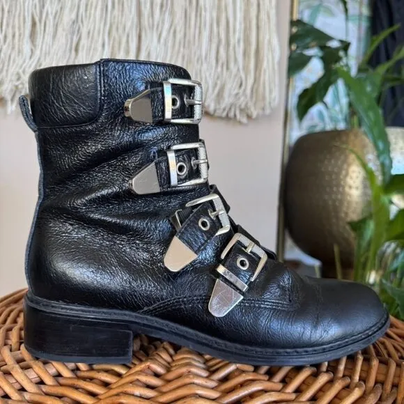 Marc Fisher Dante Black Leather Silver Multi Buckle Almond Toe Ankle Boots