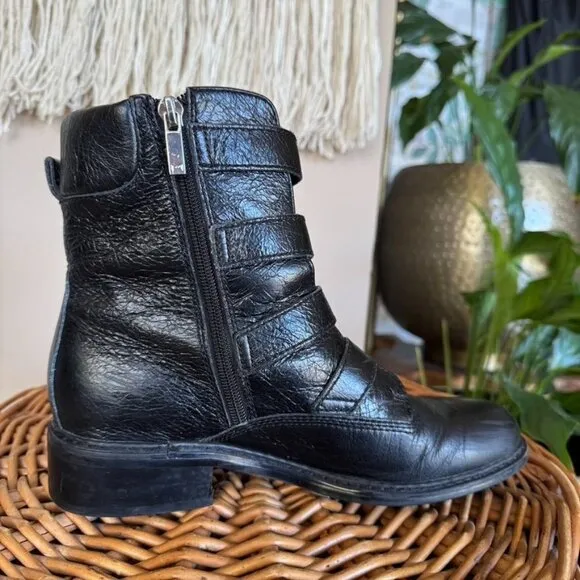 Marc Fisher Dante Black Leather Silver Multi Buckle Almond Toe Ankle Boots
