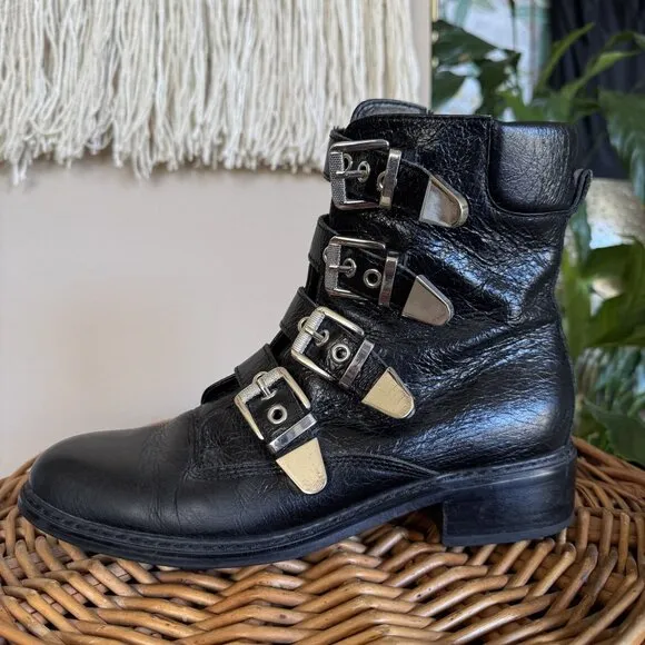 Marc Fisher Dante Black Leather Silver Multi Buckle Almond Toe Ankle Boots
