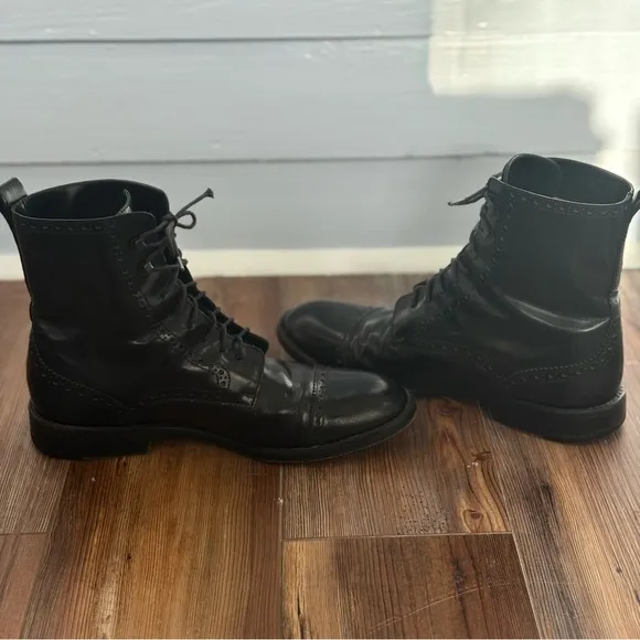 Marc Jacobs Black Patent Leather Brogue Lace-Up Combat Boots