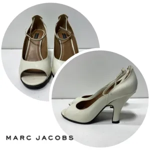 Marc Jacobs Chunky Heel Peep Toe White Heels 7.5 8 Ankle Strap.