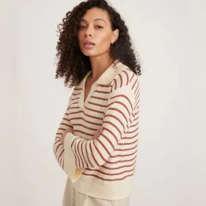 Marine Layer Sage Long Sleeve Cotton Sweater Polo Small Cream Striped