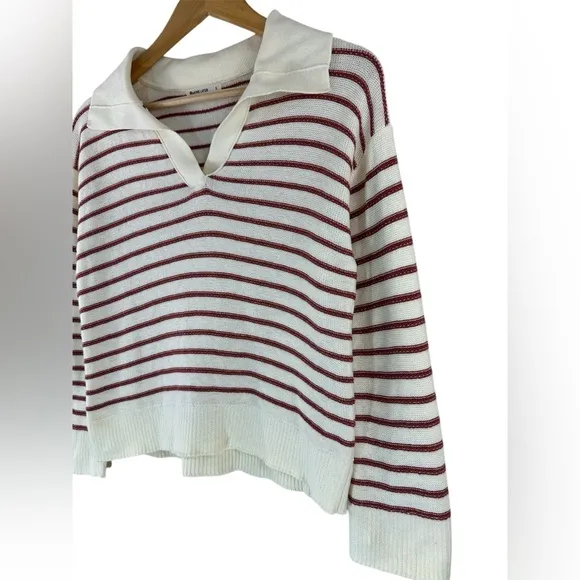 Marine Layer Sage Long Sleeve Cotton Sweater Polo Small Cream Striped
