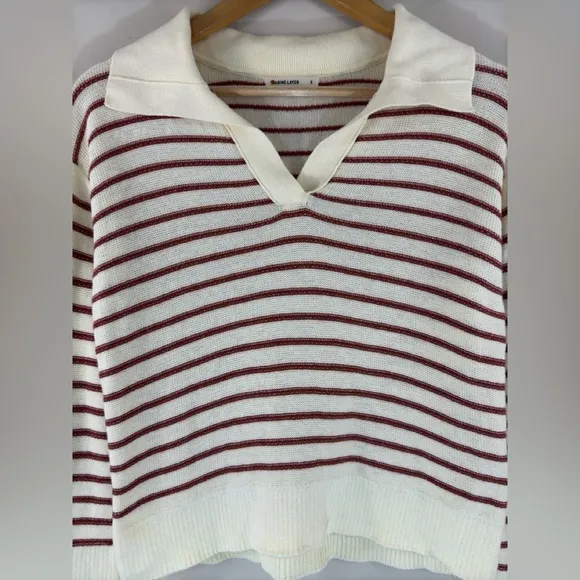 Marine Layer Sage Long Sleeve Cotton Sweater Polo Small Cream Striped