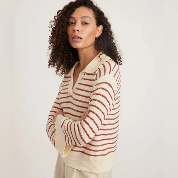 Marine Layer Sage Long Sleeve Cotton Sweater Polo Small Cream Striped