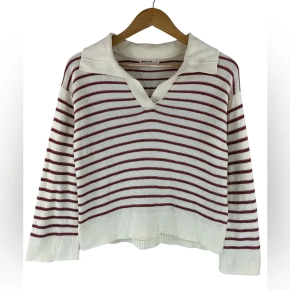 Marine Layer Sage Long Sleeve Cotton Sweater Polo Small Cream Striped