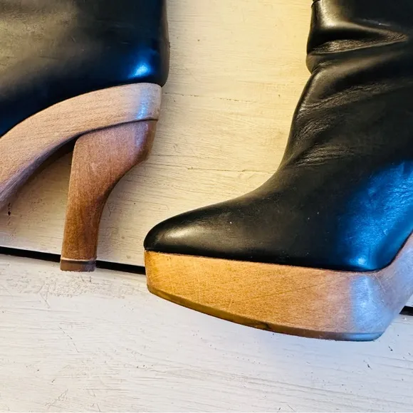 MARNI Black Leather Italian Wooden Unique Heel Clog Boots Designer Luxury Black