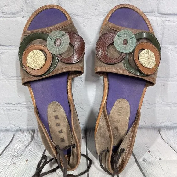 Marni Sandals Women Size 8-8.5 Brown Purple Floral Gladiator Lace Boho Art Shoes