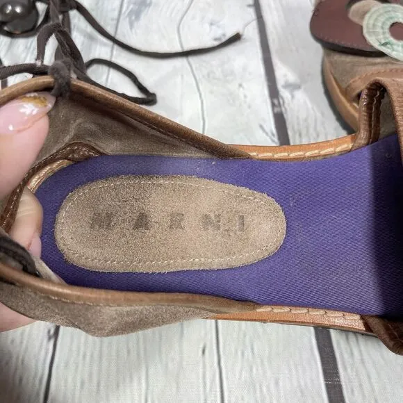 Marni Sandals Women Size 8-8.5 Brown Purple Floral Gladiator Lace Boho Art Shoes
