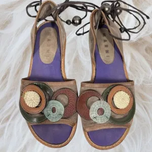 Marni Sandals Women Size 8-8.5 Brown Purple Floral Gladiator Lace Boho Art Shoes