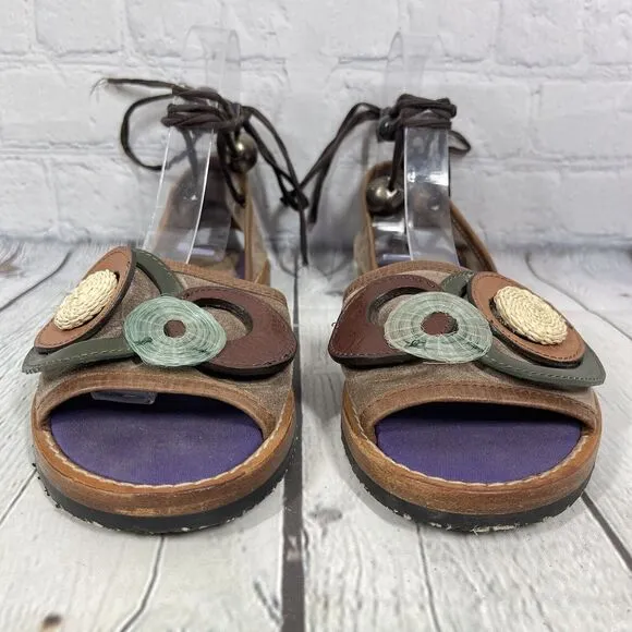 Marni Sandals Women Size 8-8.5 Brown Purple Floral Gladiator Lace Boho Art Shoes