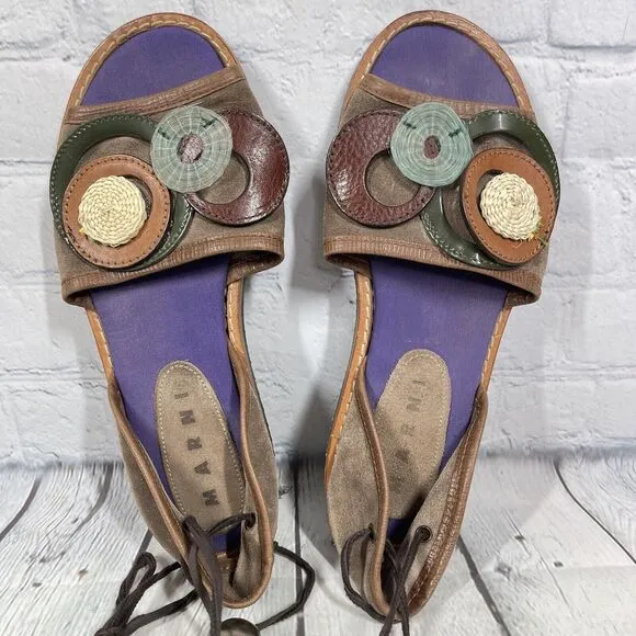 Marni Sandals Women Size 8-8.5 Brown Purple Floral Gladiator Lace Boho Art Shoes