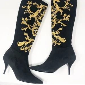 MARY NORTON | RARE VINTAGE Women’s Black Knee-High Boots Gold Brocade Size 7