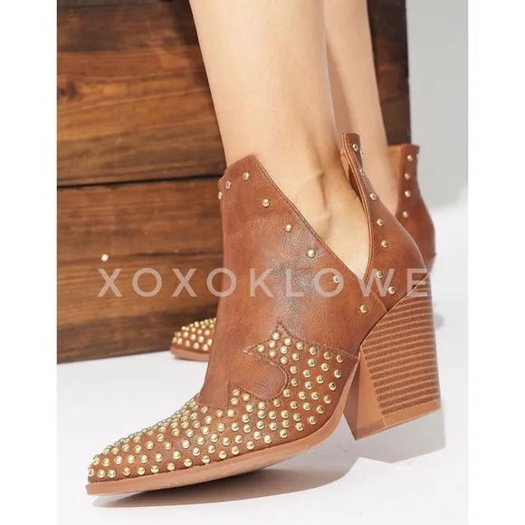 MATA Tan Western Gold Studded Ankle Boots Vegan Leather