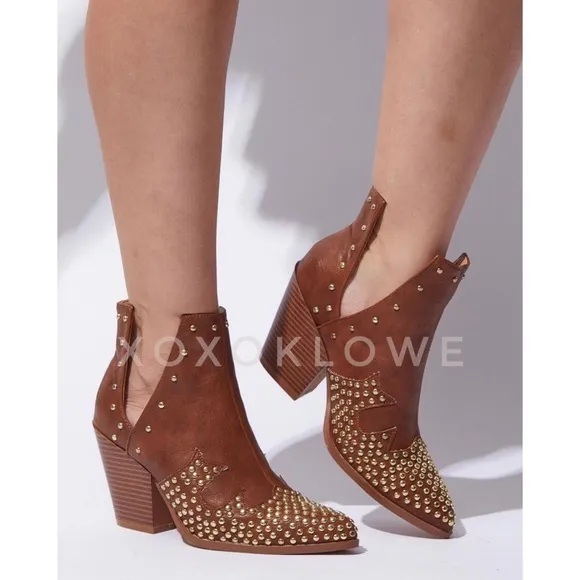 MATA Tan Western Gold Studded Ankle Boots Vegan Leather