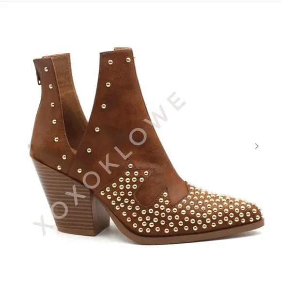 MATA Tan Western Gold Studded Ankle Boots Vegan Leather