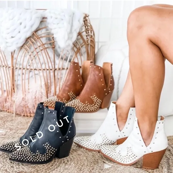 MATA Tan Western Gold Studded Ankle Boots Vegan Leather