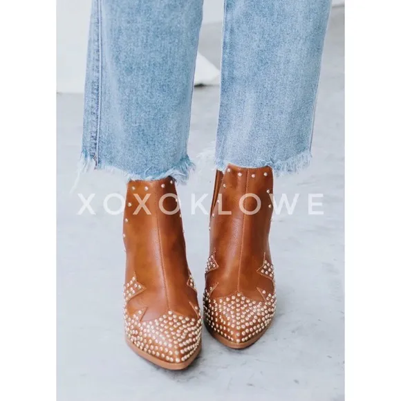 MATA Tan Western Gold Studded Ankle Boots Vegan Leather