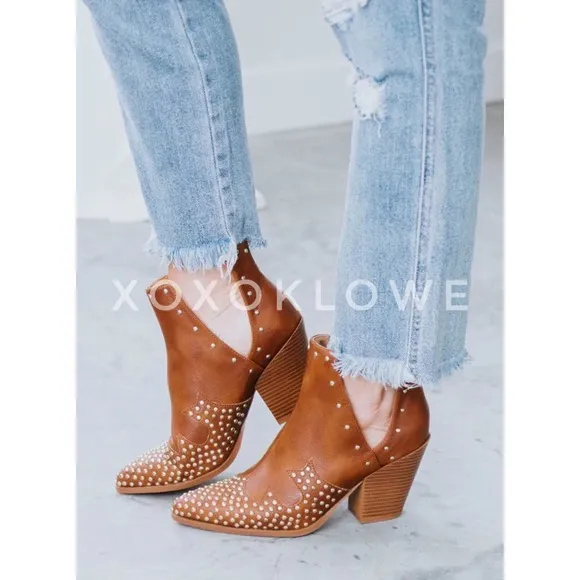 MATA Tan Western Gold Studded Ankle Boots Vegan Leather