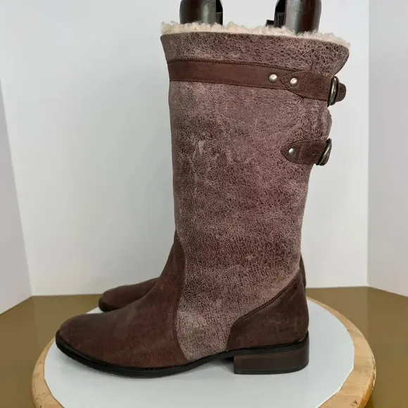 Matisse Parker Brown Leather Mid-Calf Plush Shearling Boots Sz 9.5 Winter Boho
