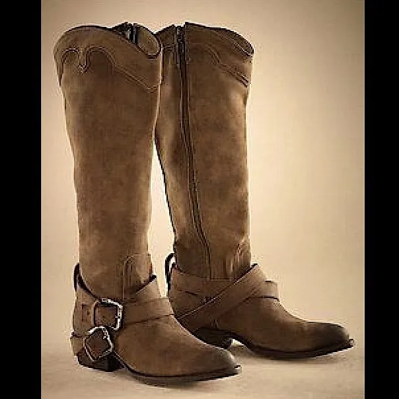 MATISSE SUEDE WESTERN, COWGIRL, BOHO BOOTS W/ ANKLE HARNESS &amp; BUCKLES