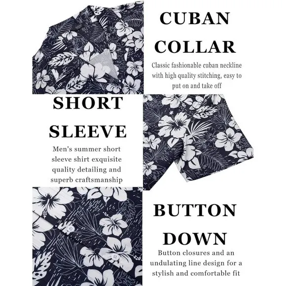 Men's Navy-white Flower Casual Short Sleeve Button Down Textured Beach Shirts
