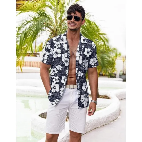 Men's Navy-white Flower Casual Short Sleeve Button Down Textured Beach Shirts