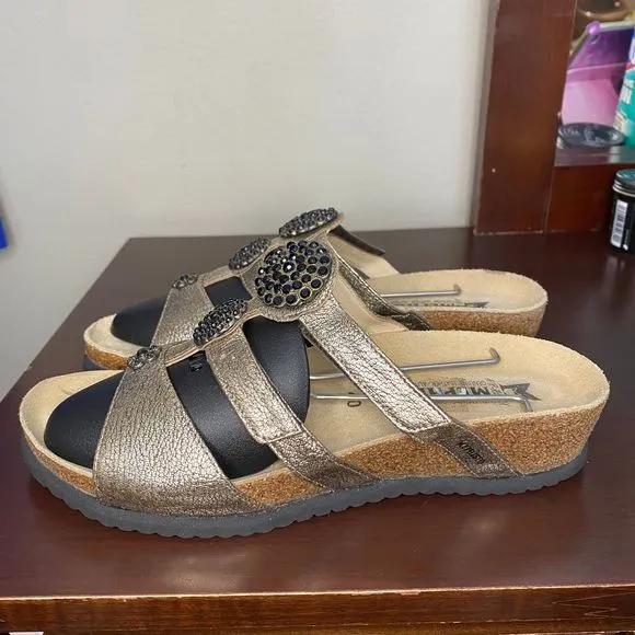 Mephisto Cork Wedge Air Relax Leather Rhinestone Metallic Boho Hippie Sandals 40