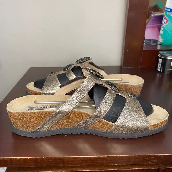 Mephisto Cork Wedge Air Relax Leather Rhinestone Metallic Boho Hippie Sandals 40