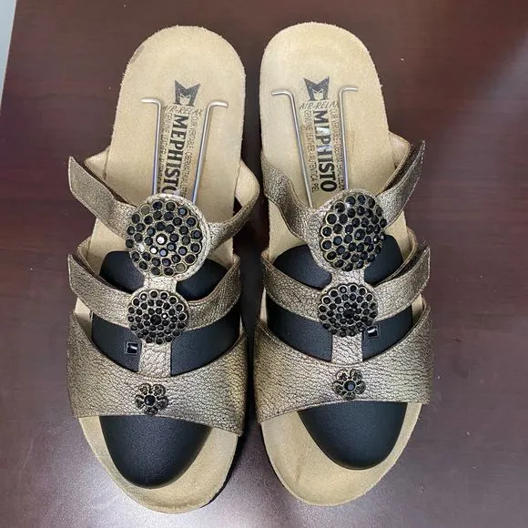 Mephisto Cork Wedge Air Relax Leather Rhinestone Metallic Boho Hippie Sandals 40
