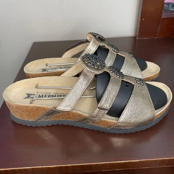 Mephisto Cork Wedge Air Relax Leather Rhinestone Metallic Boho Hippie Sandals 40