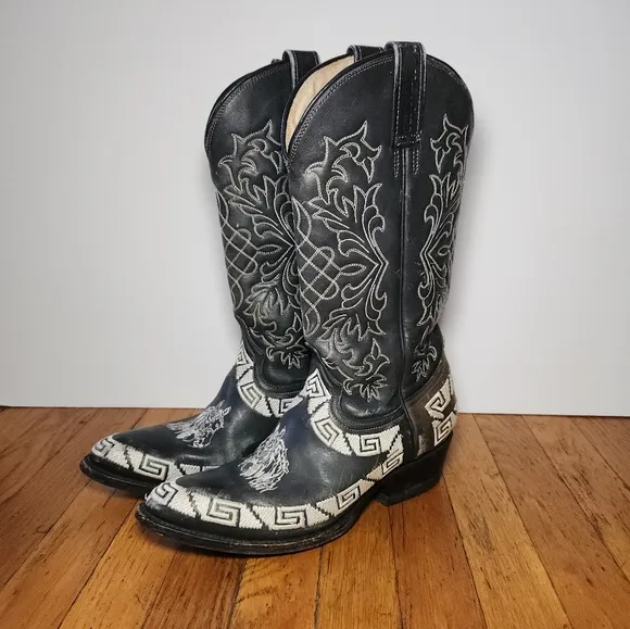 MEZCALERO Black Horse Embroidered Cowboy Boots