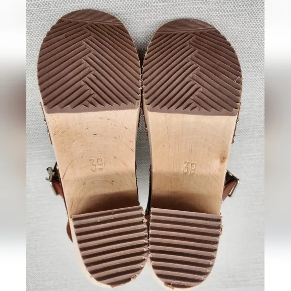 Mia Gertrude size 39 swedish clog sandals brown Luggage Leather Wood Boho