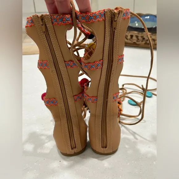 Mia Sandals Womens 8 MulticolorReanna Tall Gladiator Pompom FlatOpen Toe Boho