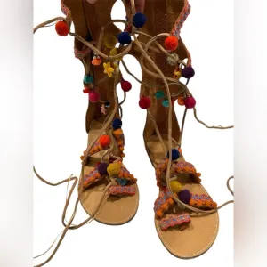 Mia Sandals Womens 8 MulticolorReanna Tall Gladiator Pompom FlatOpen Toe Boho