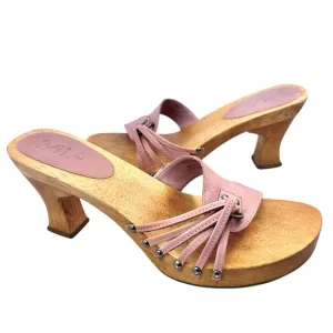 MIA Vtg 90s Y2K Women's Pink Leather Straps Wooden Heel Sandals Size 8 Studded