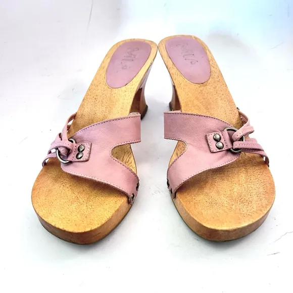 MIA Vtg 90s Y2K Women's Pink Leather Straps Wooden Heel Sandals Size 8 Studded