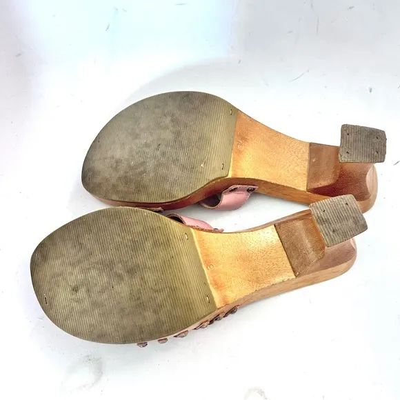 MIA Vtg 90s Y2K Women's Pink Leather Straps Wooden Heel Sandals Size 8 Studded