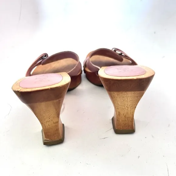 MIA Vtg 90s Y2K Women's Pink Leather Straps Wooden Heel Sandals Size 8 Studded