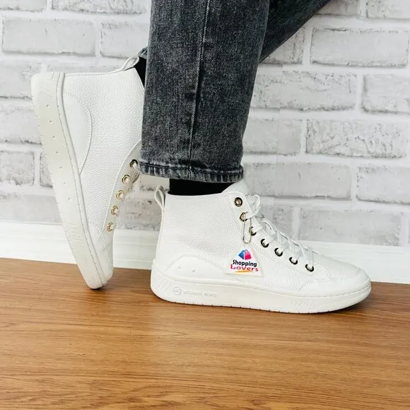 🤩Michael Kors Shea Mid High Top Women Shoes Sneakers Sz 7M White Gold 49S3HFE5L