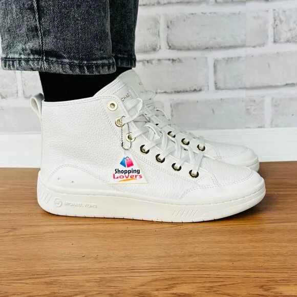 🤩Michael Kors Shea Mid High Top Women Shoes Sneakers Sz 7M White Gold 49S3HFE5L