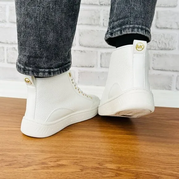 🤩Michael Kors Shea Mid High Top Women Shoes Sneakers Sz 7M White Gold 49S3HFE5L