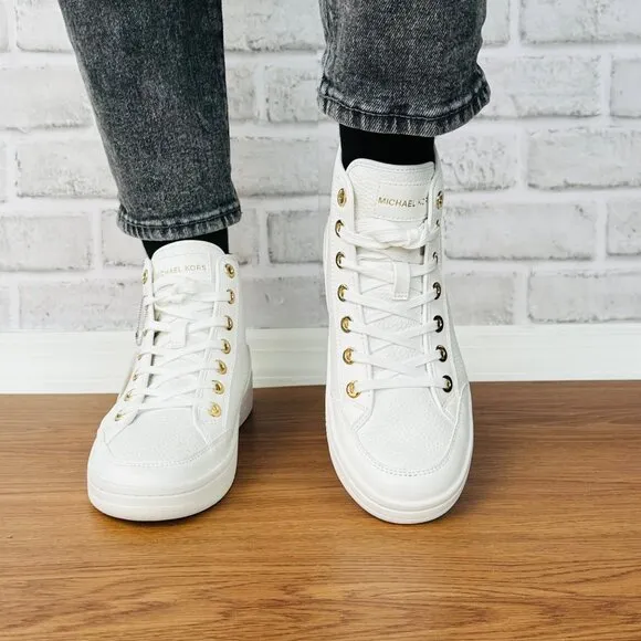 🤩Michael Kors Shea Mid High Top Women Shoes Sneakers Sz 7M White Gold 49S3HFE5L