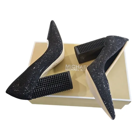 MICHAEL Michael Kors Maxine Black Crystal Embellished Block Heel Pump Shoes