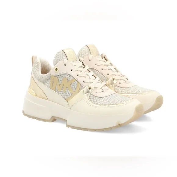 MICHEAL KORS Metallic Gold &amp; White Neutral Chunky Logo Sneakers Platform Shoes