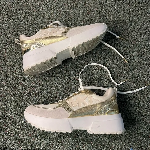 MICHEAL KORS Metallic Gold &amp; White Neutral Chunky Logo Sneakers Platform Shoes